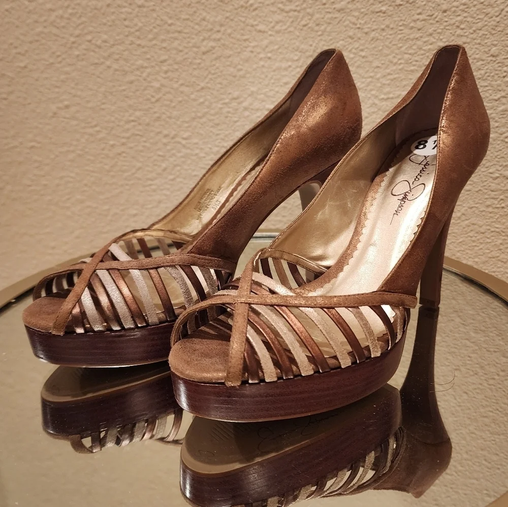 Jessica Simpson Leather Brown Gold Silver Heels Size 8.5B - Picture 1 of 7